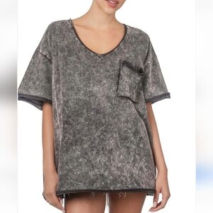 3BN Zenana Oversized Small Acid Wash Black Raw Edge Pocket Boyfriend Tee